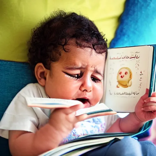 Image similar to arabic baby with a beard crying reading a book