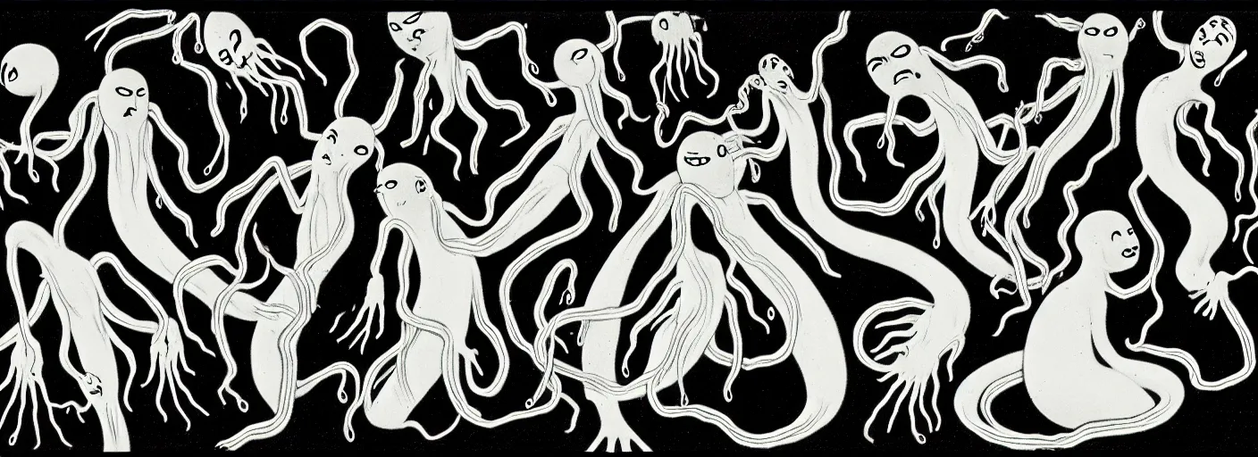 Prompt: whimsical uncanny creatures with flagella shaped like yin yangs from the depths of the collective unconscious, dramatic lighting, surreal dark 3 0 s cartoons