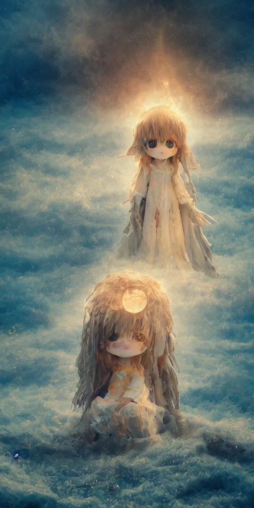 Prompt: dreamlike nightmare oil painting cute fumo plush girl in tattered robes with burning halo of light, the flooded watchtower of a fallen civilization in the crying heavens, washed out melting paint sea, glowing wisps volumetric smoke, complementary colors, wet canvas, deep focal depth f / 2. 8 captured on canon eos r 6, vray