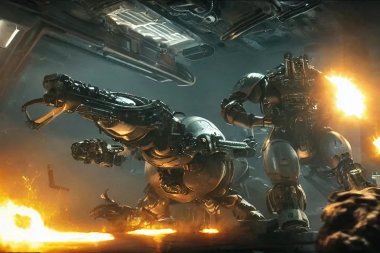 Image similar to VFX movie of a futuristic inhuman alien spacemarines in future spaceship, firing gun at space pirates detailed creature skin neon lighting combat by Michael Bay