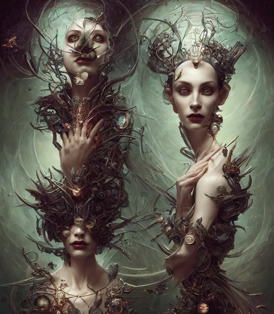 Prompt: symmetry!! the portrait of the absurdly beautiful woman, octane render, symmetrical face, full body!! maximalist details, octane render, particles of minerals, trending in cgsociety, strange jewerly. horror, a beautiful painting by gerald brom, peter mohrbacher, sophie anderson