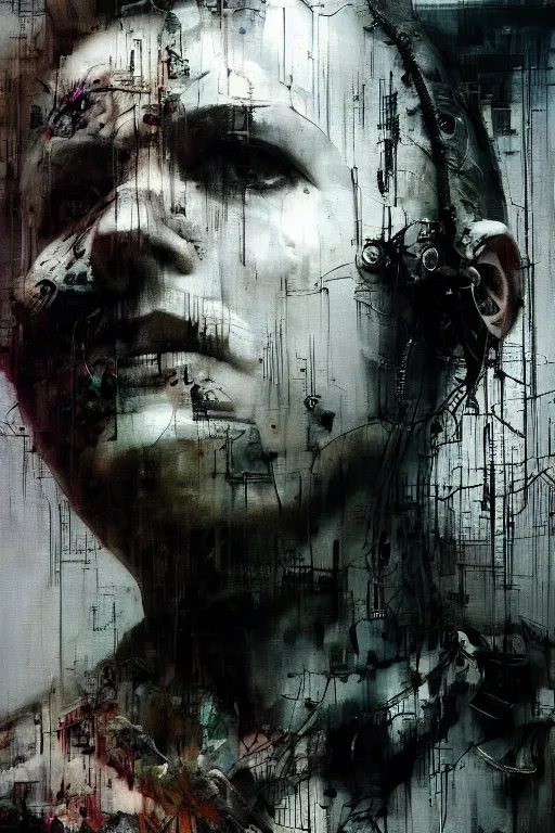 Image similar to screaming cyberpunk, wires, machines by emil melmoth zdzislaw belsinki craig mullins yoji shinkawa realistic render ominous detailed photo atmospheric by jeremy mann francis bacon and agnes cecile ink drips paint smears digital glitches glitchart