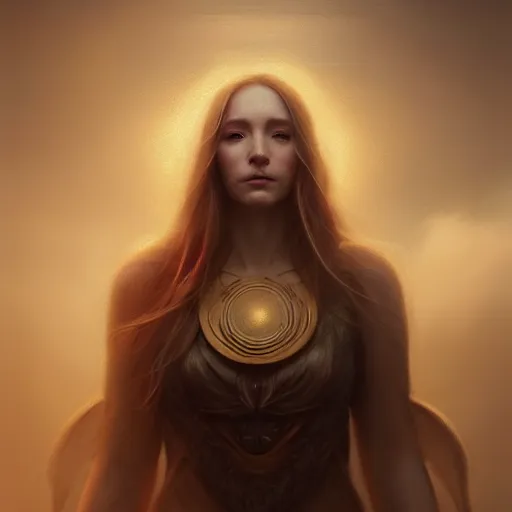 Image similar to Beautiful aesthetically pleasing female oracle of Delphi portrait, face centered portrait, Confident, fog, volumetric lighting, beautiful, golden hour, sharp focus, ultra detailed, conceptartworld by Leesha Hannigan, Ross Tran, Thierry Doizon, Kai Carpenter, Ignacio Fernández Ríos