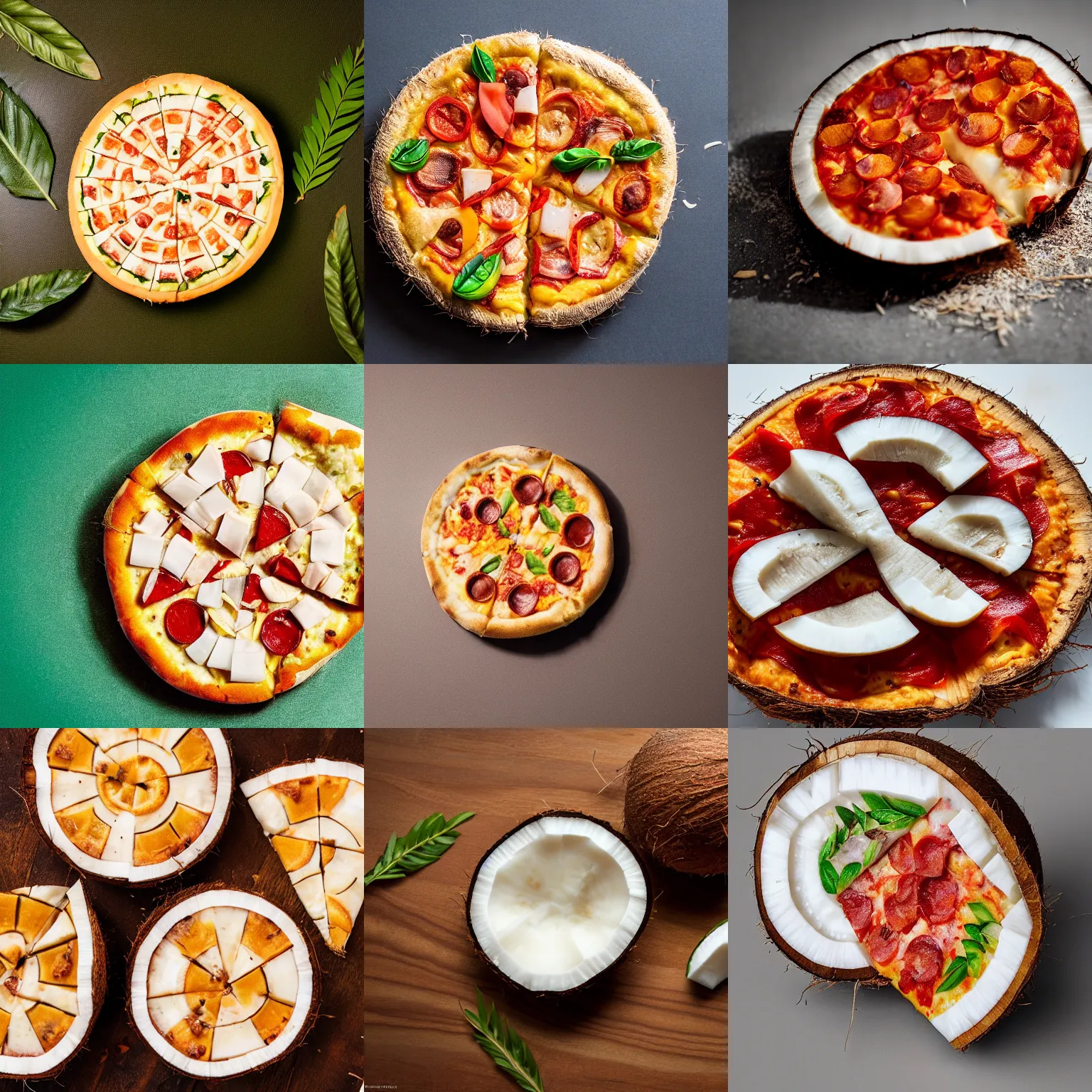 Prompt: a coconut ((🍕)) made entirely out of 🥥 , 🥥 🍕 hybrid, 4k food photography