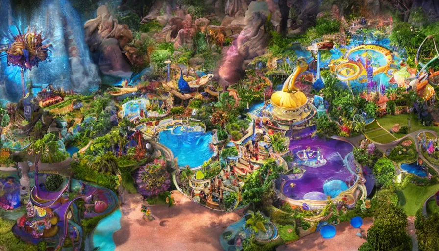 Prompt: disney world, it ’ s a small world ride landscape, kidney shaped swimming pools, unreal engine, realistic shading, realistic render, octane render, detailed textures, photorealistic, wide shot