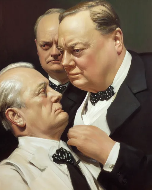 Image similar to Winston Churchill and Franklin Delano Roosevelt, oil on canvas, artstation, by J. C. Leyendecker and Edmund Blair Leighton and Charlie Bowater, octane