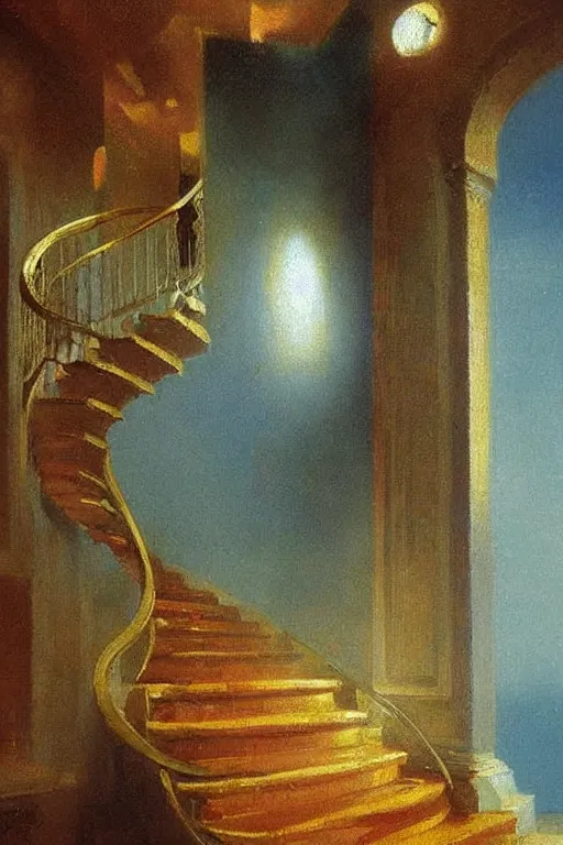 Prompt: 1920s decorated art deco by Tito Corbella, surrealist ballroom casts long exaggerated shadows, light rays illuminate dust, impressionst oil painting on wood, big impressionist oil paint strokes, decadent spiral staircase, 1930s art deco interior concept art by Ivan Aivazovsky