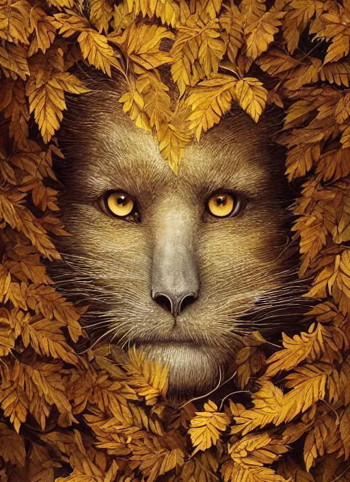 Image similar to golden leaves at frame border, creative!!! composition for a book cover, absurdly beautiful, ultrafine hyperrealistic detailed animal face by wlop and artgerm and greg rutkowski, intricate linework, sharp focus, smooth, octopath traveler, final fantasy, unreal engine, dramatic lighting, ethereal, 8 k