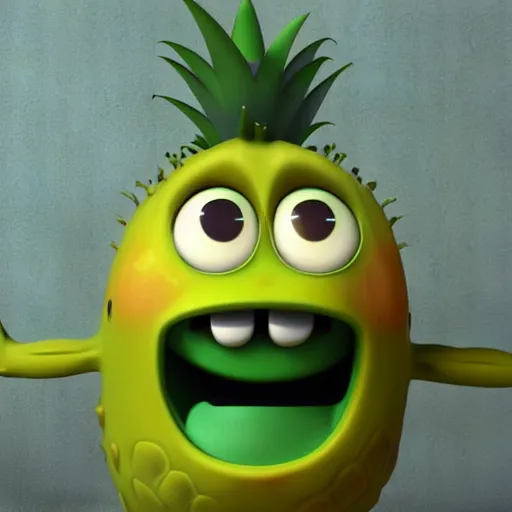 Image similar to cute anthropomorphic happy pineapple monster with big teeth and big eyes detailed character concept 3 d pixar style render 4 k