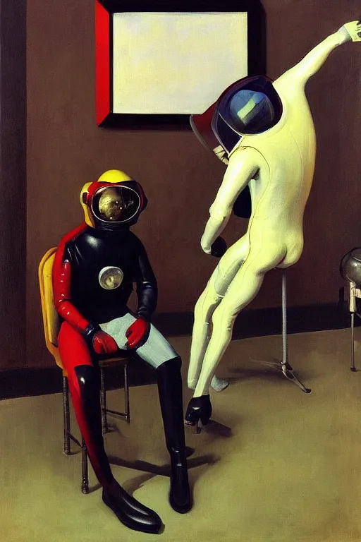 Image similar to fetish game, a man in a latex horse suit sits astride a man in an astronaut suit, hauntingly surreal, highly detailed painting by francis bacon, edward hopper, adrian ghenie, gerhard richter, and james jean soft light 4 k,