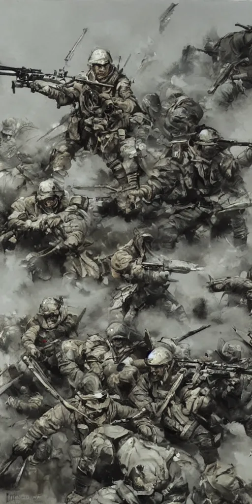 Image similar to oil painting scene from battlefield by kim jung gi