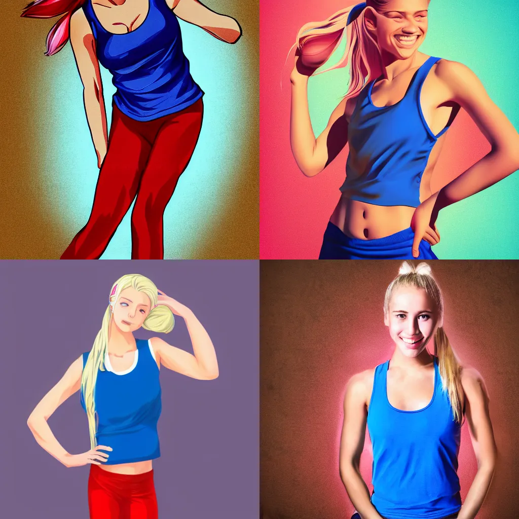 Prompt: an athletic young woman with blonde ponytails, a happy and enthusiastic expression, wearing a red tank top and voluminous blue pants, medium shot, digitally painted anime portrait, soft lighting