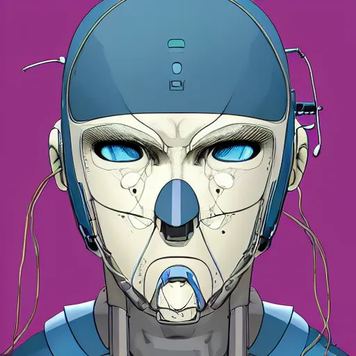 Image similar to Male cyborg, battle-damaged, scarred, wearing facemask, youthful face, bored expression, blue eyes, sterile background, head in profile, sci-fi, bio-mechanical, wires, cables, gadgets, Digital art, detailed, anime, artist Katsuhiro Otomo