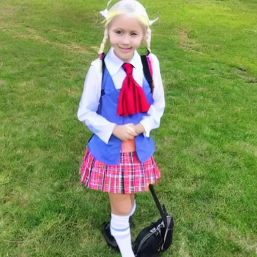 Image similar to beautiful girl, blonde hair in pigtails, with ribbons, schoolgirl uniform with tie, carrying a large backpack