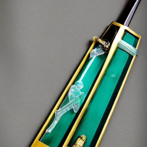 Image similar to photograph of a large green and teal crystal sword with a gold sword hilt