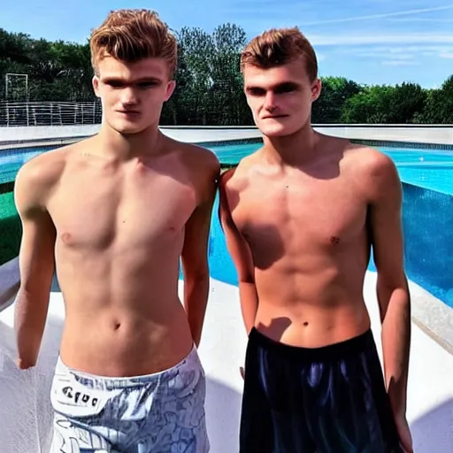 Image similar to a realistic detailed photo of a guy who is an attractive humanoid who is half robot and half humanoid, who is a male android, soccer players martin ødegaard & timo werner, shiny skin, posing like a statue, blank stare, by the pool, on display, showing off his muscles