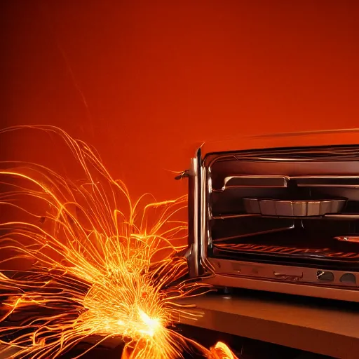 Image similar to toaster oven hangig by metallic cables, symmetry, dark messy smoke - filled cluttered workshop, dark, dramatic lighting, orange tint, sparks, cinematic, highly detailed, sci - fi, futuristic, movie still