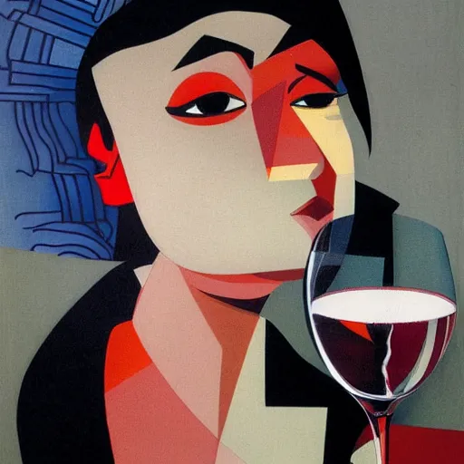 Image similar to cubistic illustration, close-up of an asian nurse with a piercing gaze drinking red wine, masterpiece, painted by Gottfried Helnwein in style of Albert Gleizes