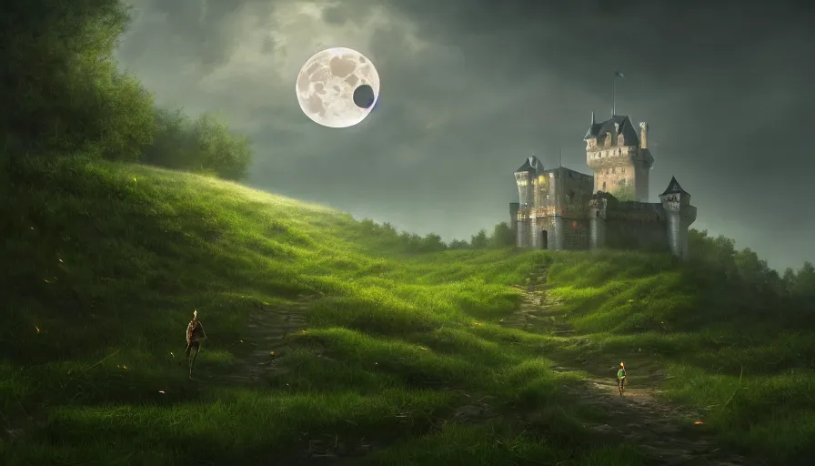 Image similar to a castle with legs walking, vines, forest, hyperrealistic, highly detailed, cinematic, single ray of moon, dark sky, beautiful, cgssociety, artstation, 8 k, oil painting