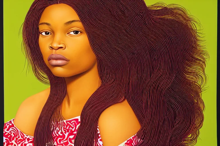 Image similar to a beautiful girl with long hair and with iridescent skin by kehinde wiley