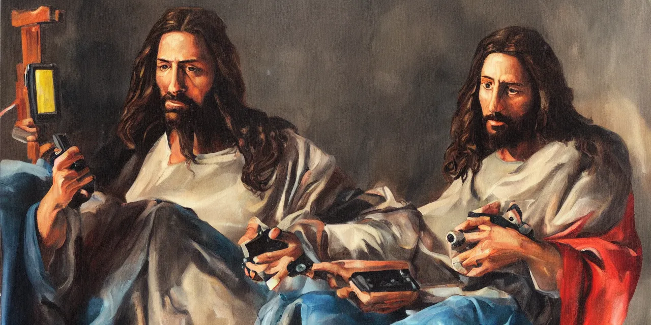 Prompt: oil paint on canvas, caricature of jesus playing a video game on the throne