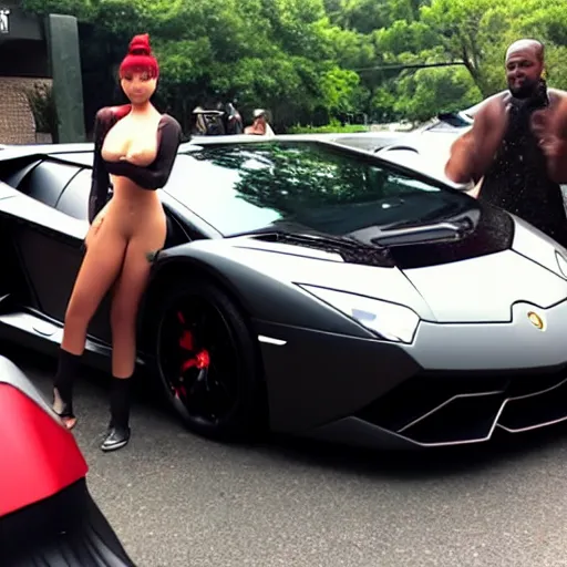 Image similar to kanye west and an anime girl driving a lamborghini