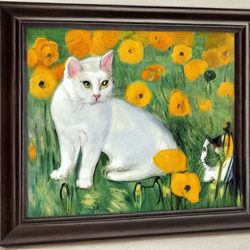 Prompt: a couple whith a white cat with yellow eyes in a field of poppy, by manet