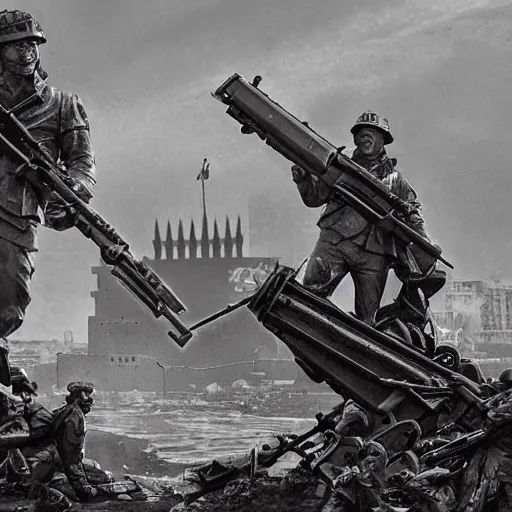 Image similar to The war between the Soviet Union and America, the action takes place in New York, far away against the background of the Statue of Liberty, a lot of soldiers and military equipment, a lot of explosions and tracer bullets, a lot of ruins, a very epic battle, The style of photography of the 80s, very detailed and detailed style