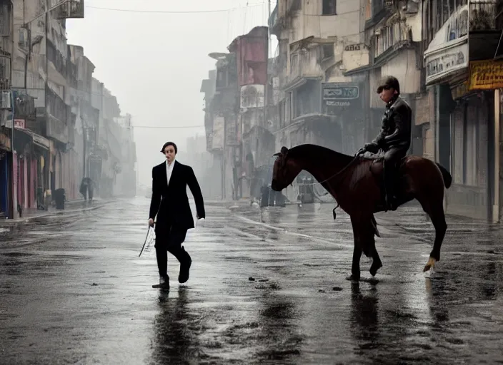 Image similar to first official image from bond 2 6, starring adam driver as agent 0 0 7, riding a horse through the streets of valparaiso, chile in heavy rain. directed by alejandro inarritu. stunning cinematography, kodak vision 2 0 0 t, high contrast, anamorphic lens, chromatic aberration.