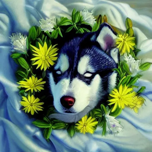 Image similar to beautiful painting of a cute husky sleeping in flowers. sci fi concept art by * caravaggio *