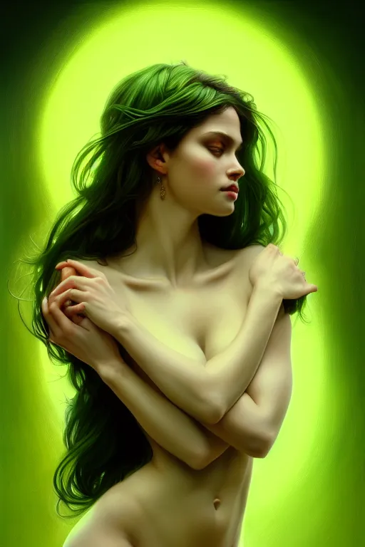 Prompt: beautiful nymph goddess sideways full body portrait, bright green eyes, by terry o'neill intricate, elegant, highly detailed, digital painting, glistening skin, artstation, concept art, smooth, sharp focus, volumetric lighting, sensual, natural, illustration, art by artgerm and greg rutkowski and alphonse mucha, 8 k