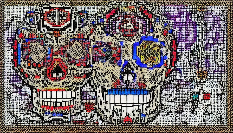 Image similar to aztec skull, pixel art style, highly detail, PC engine 98