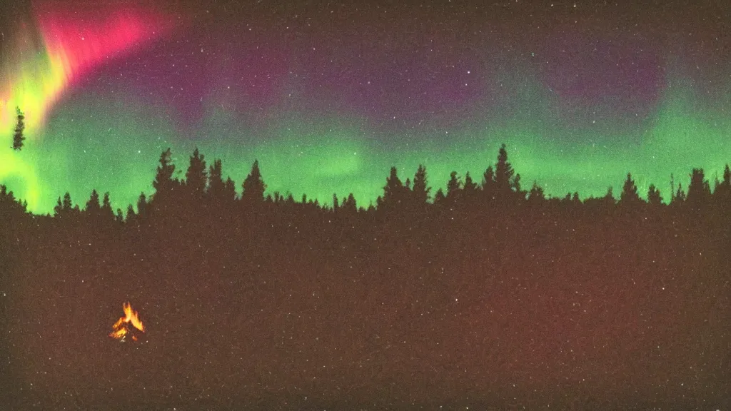 Image similar to a night sky, dark enclosed, winding hillside path, cozy, campfire, ((aurora)), quiet forest night scene, spangle, starlight 4k haunted psychedelic VHS glitch polaroid