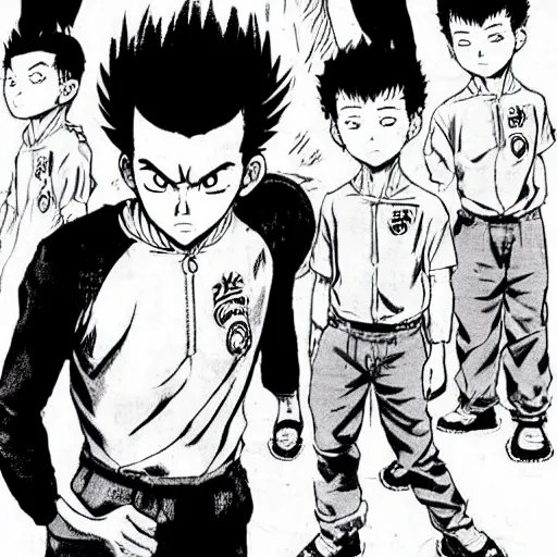 Image similar to young boy angry with pompadour hair, art by katsuhiro otomo, tetsuo hara, yusuke murata, jotaro kujo, japanese delinquent, similar to metal bat from one punch man, kuwabara hairstyle, akira kongou, banchou, action pose, manga cover