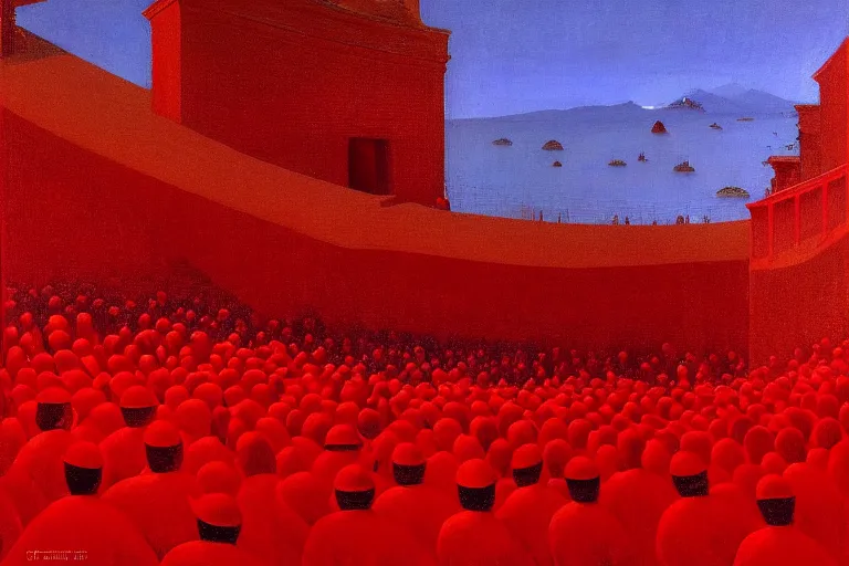 Image similar to only with red, a red great emperor, taormina amphitheatre, crowd with big smile, in the style of beksinski, parts by edward hopper, parts by rodcenko, parts by yue minjun, intricate and epic composition, red by caravaggio, insanely quality, highly detailed, masterpiece, red light, artstation, 4 k