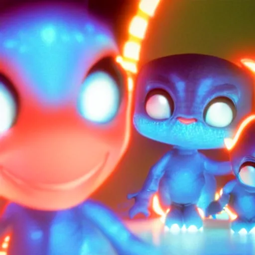 Image similar to cute smiling pixar and chibi style electric blue scaled glowing baby dinosaurs in tron movie, cinestill