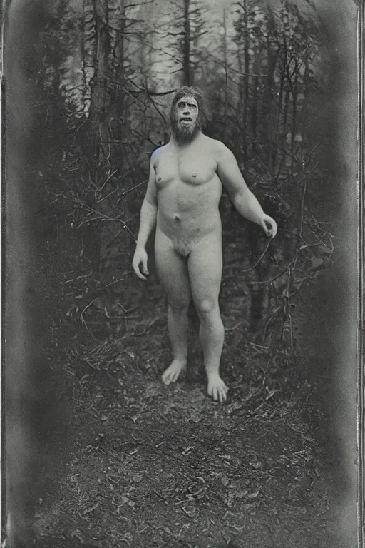 Image similar to a wet plate photograph of a Bigfoot