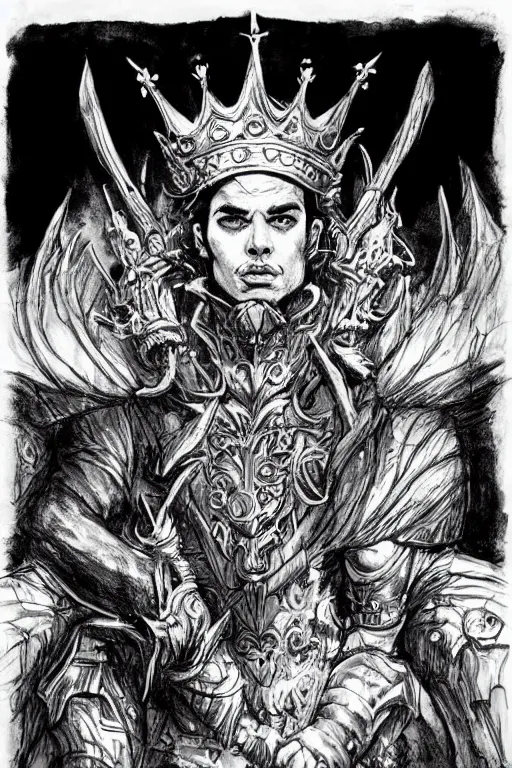 Prompt: mystical prince with bat wings, in a thorned crown, fantasy ink drawing by andrew mar