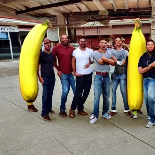 Prompt: a group of men holding a 3 meter big banana, hyper realistic, very detailed.