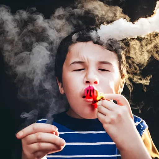 Prompt: child blowing rings of smoke out of their mouth