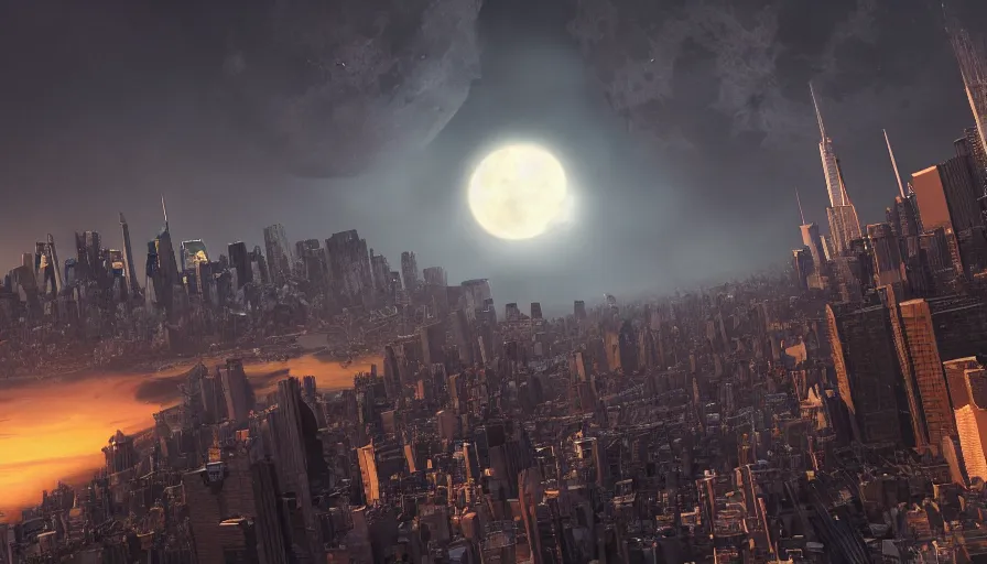 Image similar to giant moon in the sky going to smash the earth, view from new york city, hyperdetailed, artstation, cgsociety, 8 k