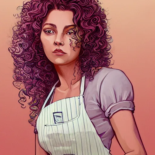 Image similar to portrait of a woman with curly hair in a pink shirt and highrise jeans making sourdough in sunlit kitchen, hyper detailed, digital art, trending in artstation