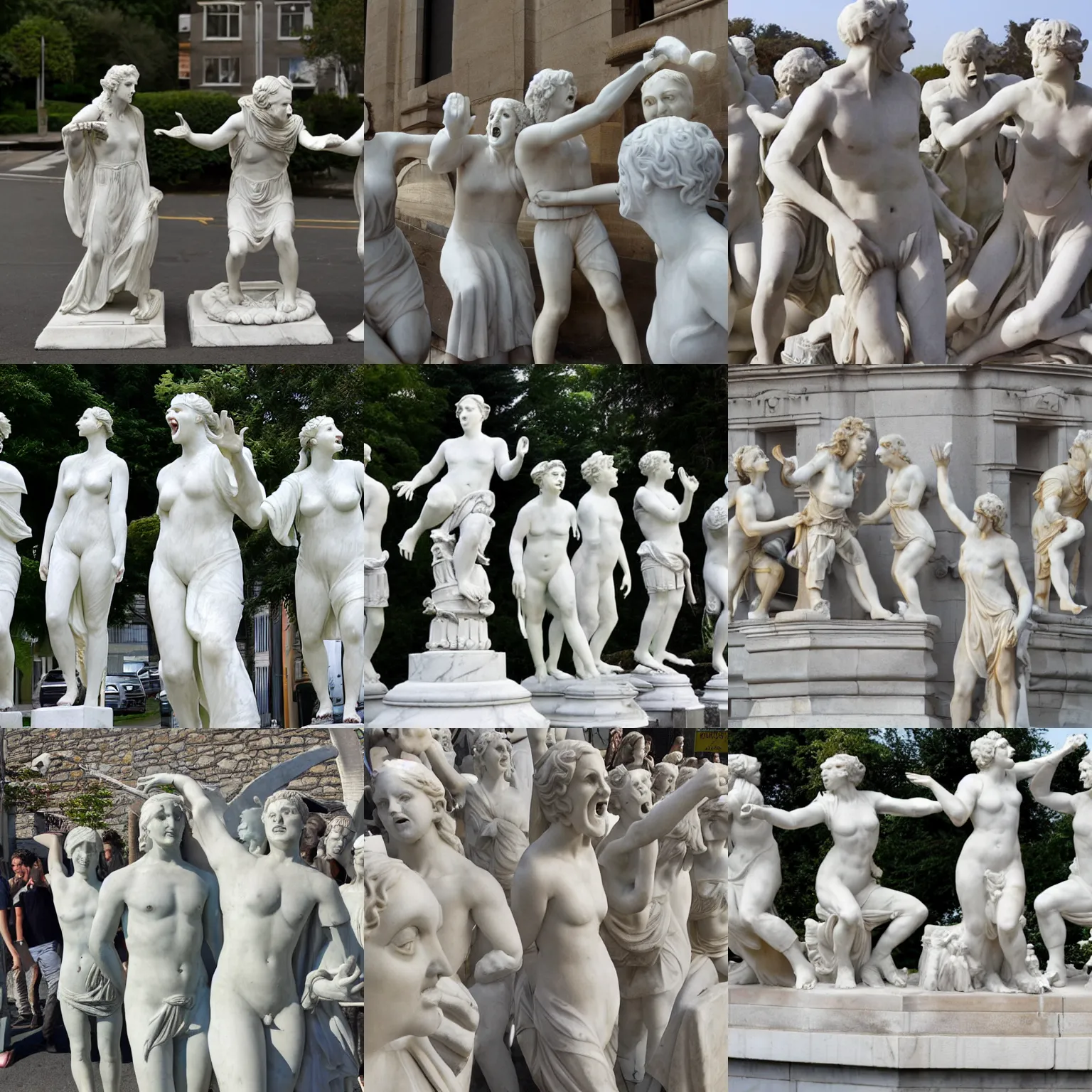 Prompt: Marble statues yelling at a traffic jam