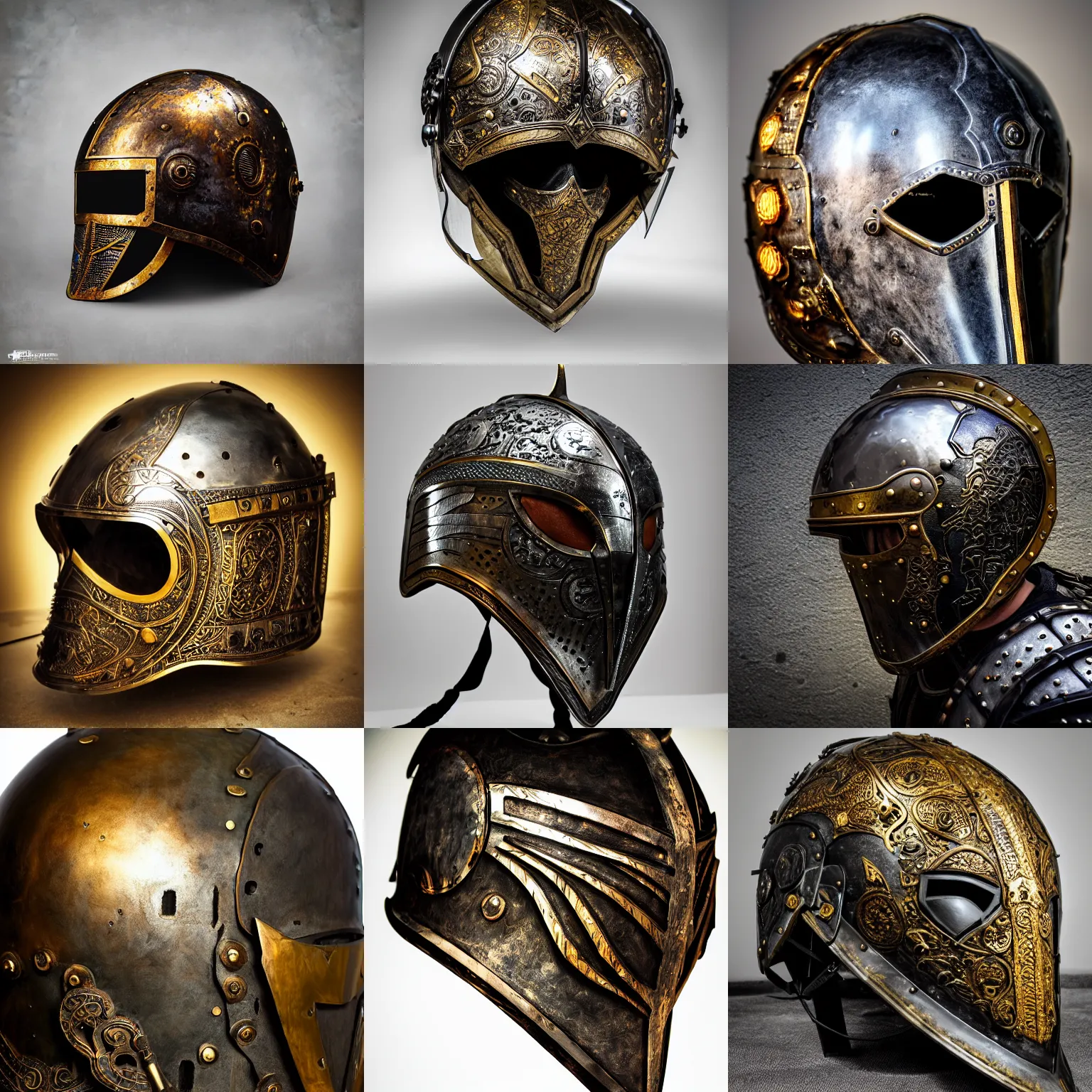 Prompt: hyper realistic photography of a translucent glorious obsidian metal carved medieval armor steel helmet, futuristic design, cyberpunk style, wood and gold details, intricate, extremely detailed, ornate, deep of field, nikon photography