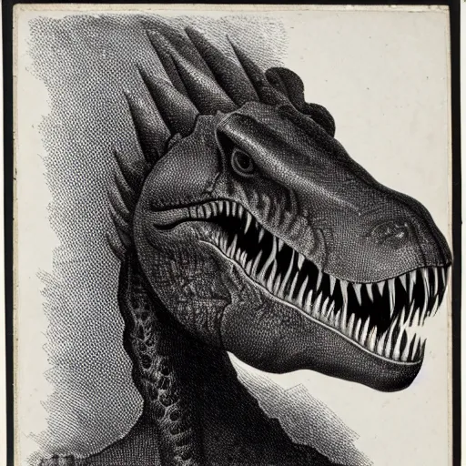 Image similar to a mid 1 8 th century, black and white photograph of a t - rex, portrait, highly detailed