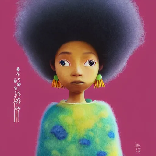 Prompt: a black girl with a colorful afro and big beautiful eyes dressed like a samurai, bright colours, watercolor, volumetric wool felting, macro photography, children illustration, by goro fujita