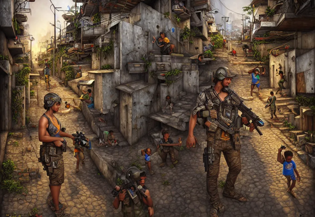 Prompt: photorealistic favela rio with precise rendered guns with intricate details of gun and kids in by Justin Gerard