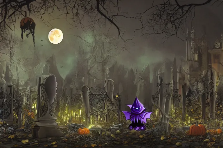 Prompt: an ultra detailed animation of a cartoon halloween bat in a graveyard at midnight on halloween, digital art, dark fantasy, concept art, soulslike, by alphonse mucha, blood moon eclipse, ruined building in the background, artstation, 8 k, unreal engine render