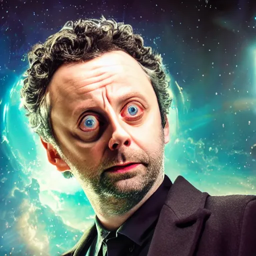 Image similar to a full body photograph of michael sheen as'doctor who ', time vortex in the background, detailed face, symmetrical face, extreme realism and detail, 8 k, completely framed, direct lighting, 3 5 mm photo, photorealistic, sharp focus