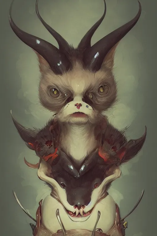 Image similar to a portrait of a cute japanese devil animal illustrated by miyazaki by karol bak, james jean, tom bagshaw, rococo, sharp focus, trending on artstation, cinematic lighting, hyper realism, octane render, 8 k, hyper detailed, vivid, ultra detailed, highly detailed